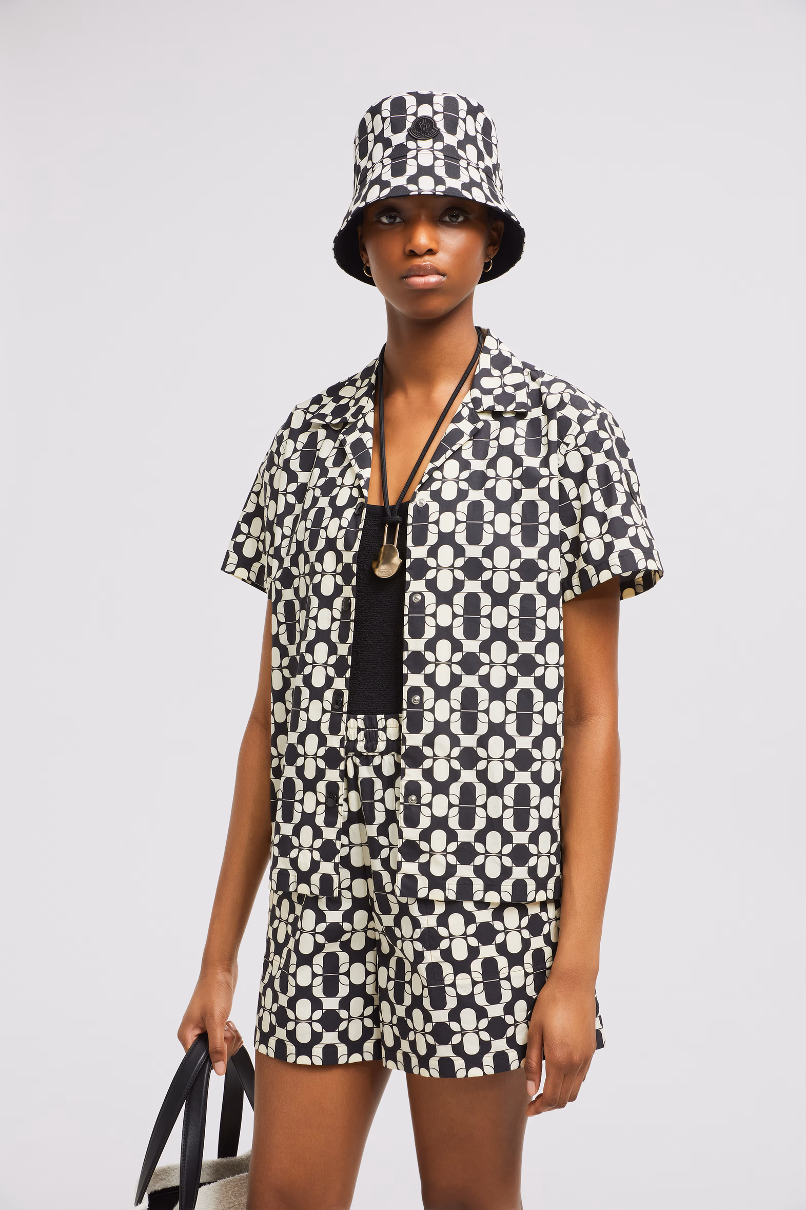 Chemise à manches courtes en coton à imprimé géométrique Femmes Bleu & Blanc Moncler 0